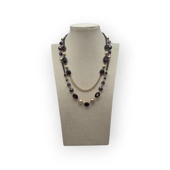 Deep Garnet & Amethyst White House Black Market Layered Beaded Chain Necklace - Picture 10 of 11